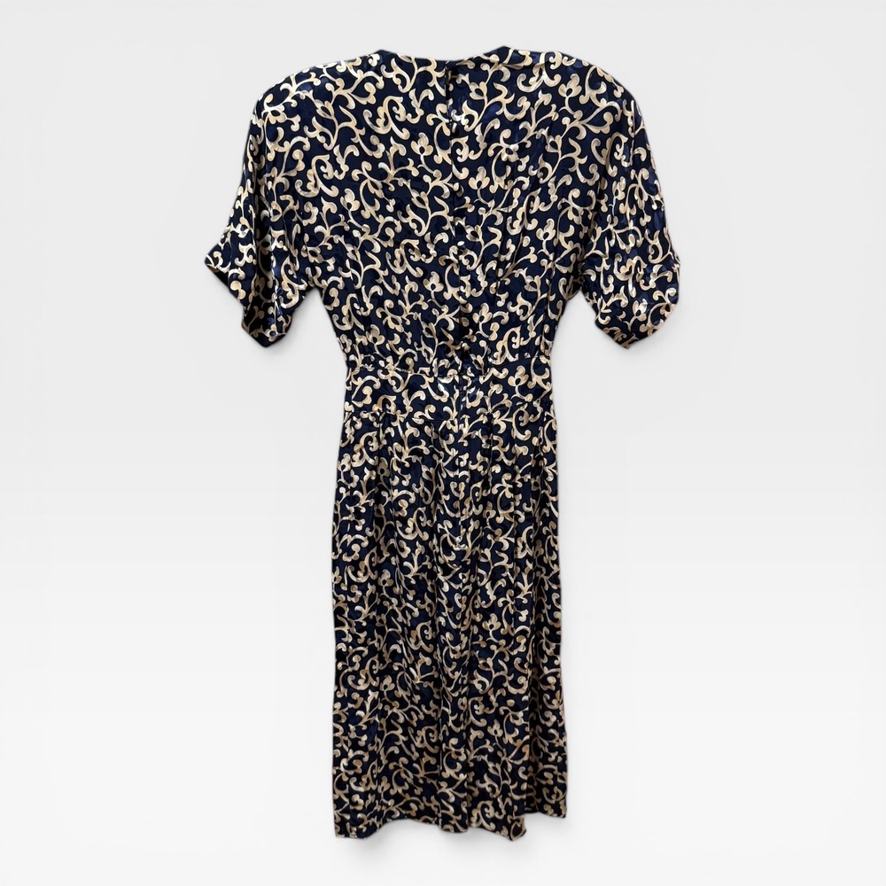 Maggy London Dress Womens 4 Navy Gold Vintage Silk Jacquard Excellent Floral 80s - Picture 4 of 6